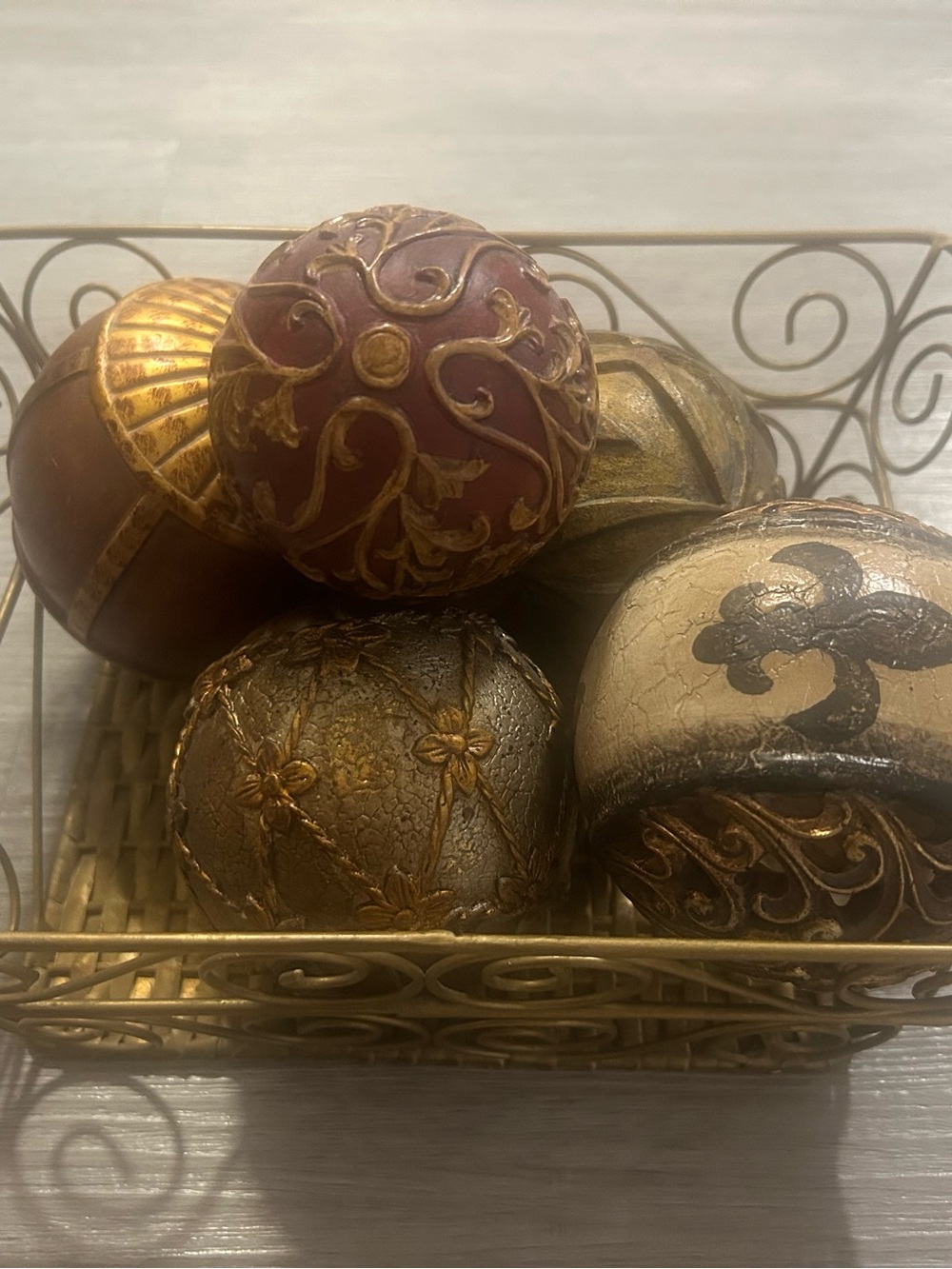Decorative Fleur-de-Lis Ball Set in Gold and Burgundy with Brass Basket